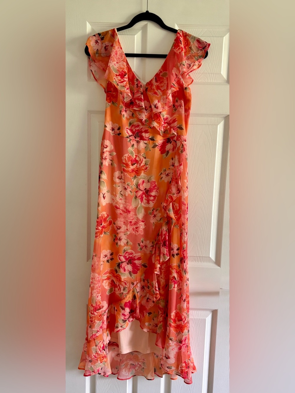 London Times Coral and Pink Floral V-Neck Dress
